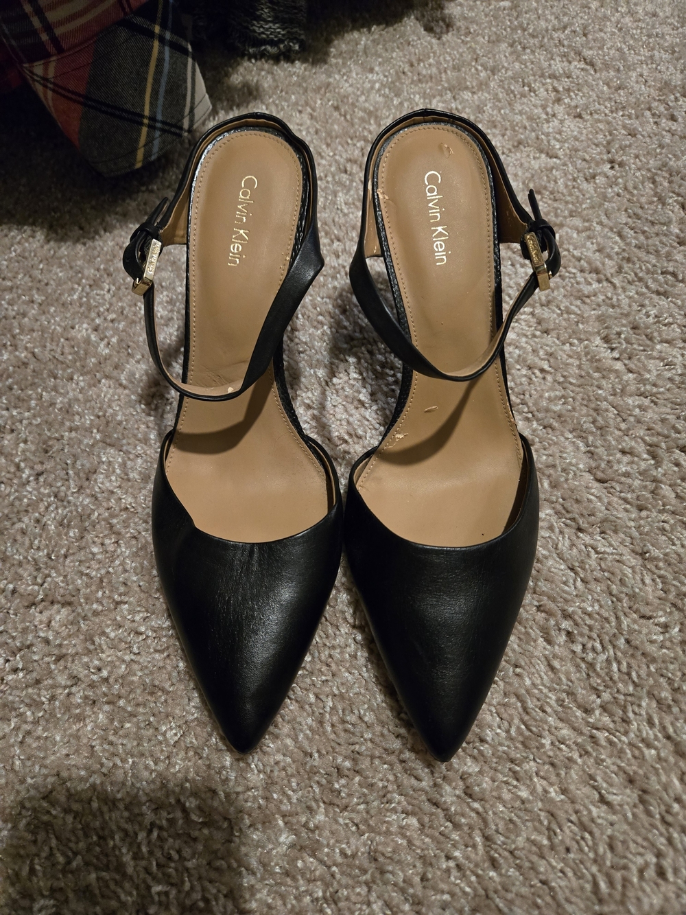 Calvin Klein Black Pointed Slingback Heels with Gold Buckle Barely Worn